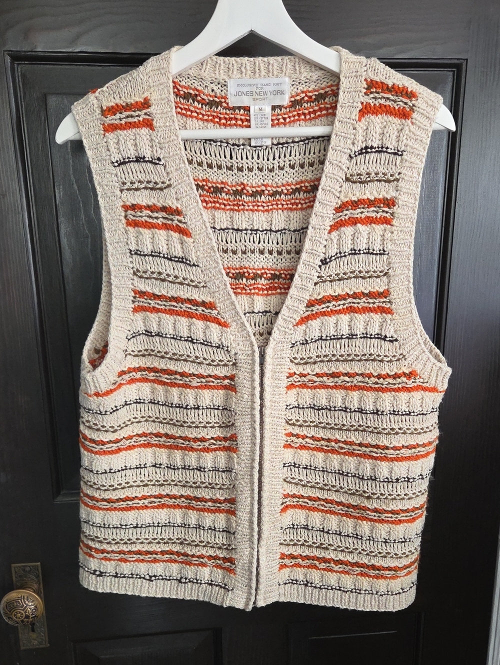 Jones New York Cream Knit Vest with Orange & Black Stripe Detail